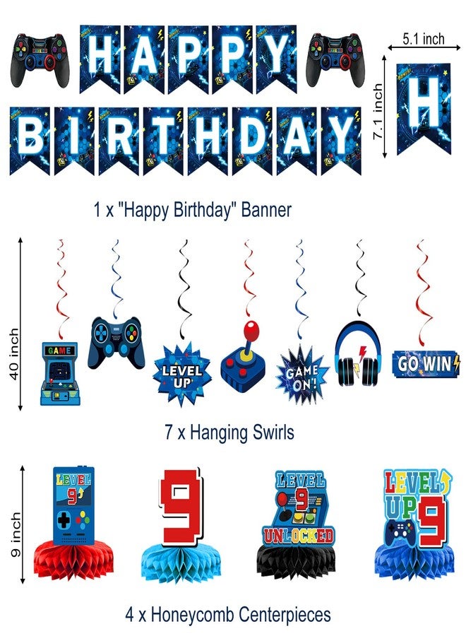 Oigco 9th Birthday Decorations for Boys, Blue Video Game Party Decorations, Level 9 Backdrop, Banner, Hanging Swirls, Honeycomb Centerpieces, Foil & Latex Balloons for 9 Years Old Birthday Decor - Image 2