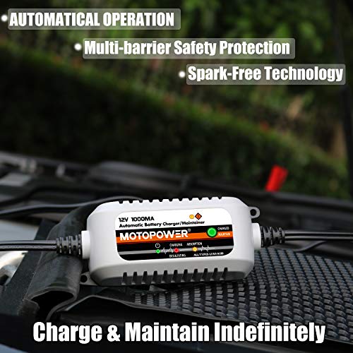 MOTOPOWER MP00205B 12V 1000mA Automatic Battery Charger, Battery Maintainer, Trickle Charger, and Battery Desulfator with Timer Protection - Grey - Image 4