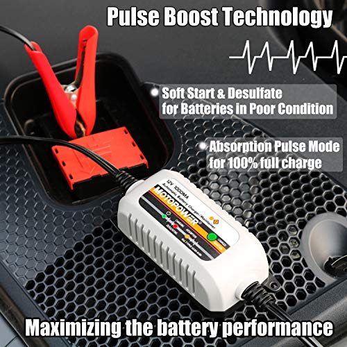 MOTOPOWER MP00205B 12V 1000mA Automatic Battery Charger, Battery Maintainer, Trickle Charger, and Battery Desulfator with Timer Protection - Grey - Image 3