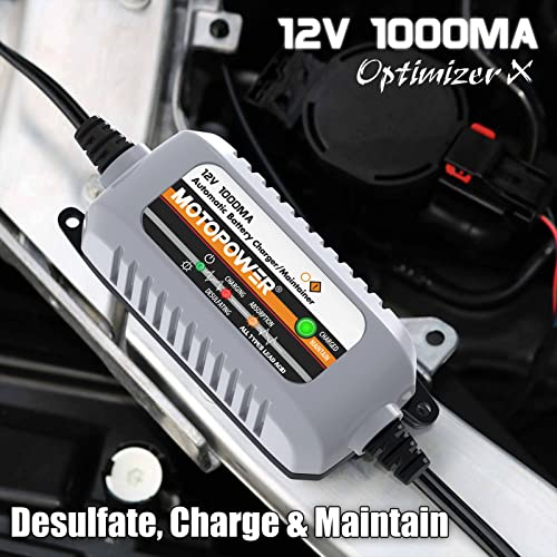 MOTOPOWER MP00205B 12V 1000mA Automatic Battery Charger, Battery Maintainer, Trickle Charger, and Battery Desulfator with Timer Protection - Grey - Image 2
