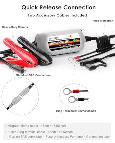 MOTOPOWER MP00205B 12V 1000mA Automatic Battery Charger, Battery Maintainer, Trickle Charger, and Battery Desulfator with Timer Protection - Grey - Image 5