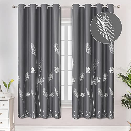 Estelar Textiler Blackout Curtains 2 Panels Set with Silver Palm Tree Curtains Light Blocking Thermal Insulation Window Drapes for Bedroom Patio Door 52Wx72L Dark Grey 1Pair