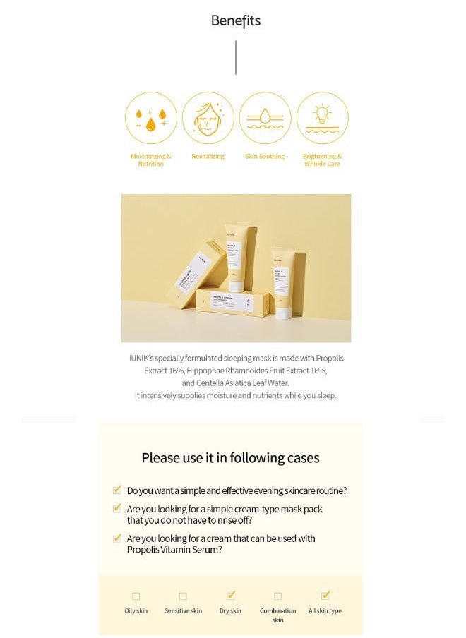 Propolis Vitamin Glow Sleeping Mask Overnight Moisturizing & Nourishing With  Centella Asiatica Extracts
