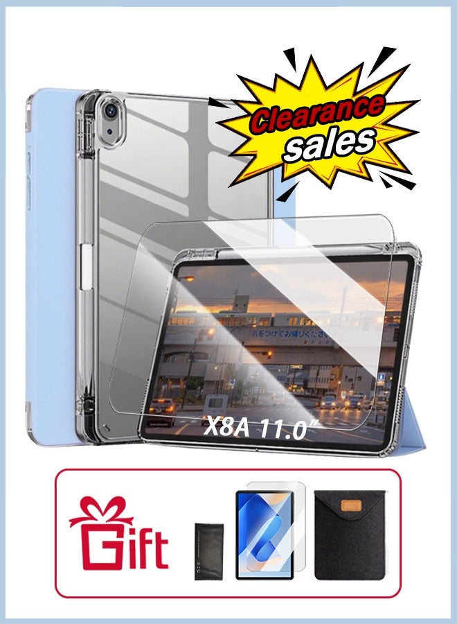 [clearance sales] HONOR Pad X8a Case 11 Inch Protective Cover With Pencil Holder, Tablet Cover Tri-Fold Tpu Clear Back Slim Stand Auto Wake-Up, Back Shell Multi-Angle Stand/Free AED 23 Anti-Glare Protective Film- Blue - Image 1