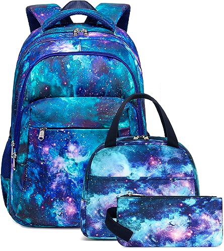 LEDAOU Backpack for Teen Boys Girls School Bags Kids Bookbags Set School Backpack with Lunch Box and Pencil Case (Blue Starry Sky) - Image 1