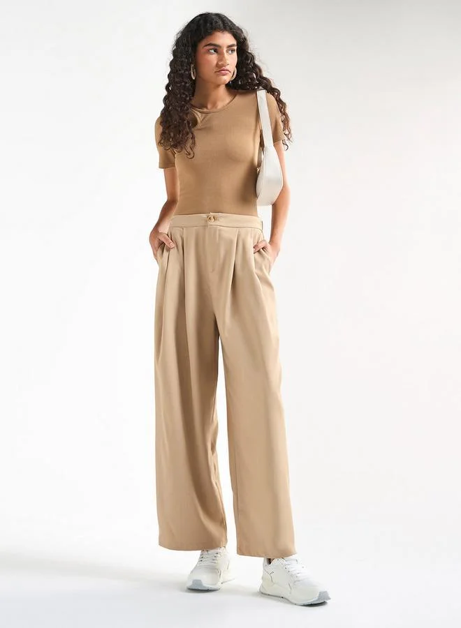 Splash FAV Solid Wide Leg Pants with Semi-Elasticated Waistband and Pockets