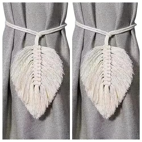 MAKNGRID 2Pack Beige Leaf Curtain Tiebacks Handmade Holdbacks - Farmhouse Curtain Tie Back Holder by Hand-Woven Cotton Rope, Bohemian Home Decoration Drapery Holdback (Off White) - Image 1