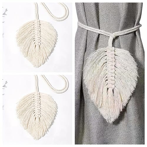 MAKNGRID 2Pack Beige Leaf Curtain Tiebacks Handmade Holdbacks - Farmhouse Curtain Tie Back Holder by Hand-Woven Cotton Rope, Bohemian Home Decoration Drapery Holdback (Off White) - Image 4