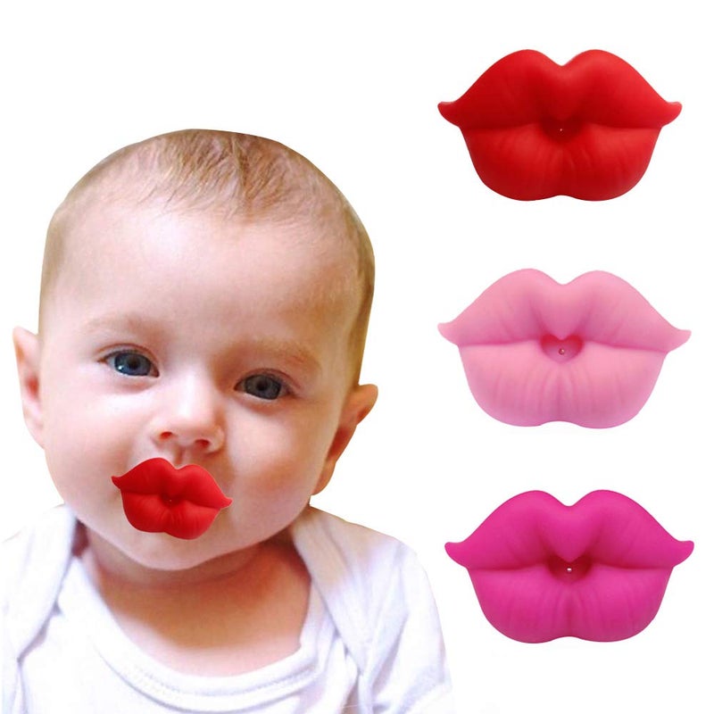 3pcs Infant Pacifier Funny Lips Baby Pacifiers Soft Silicone Cute Pacifier Design with Kiss Lip Cute Pacifier Lovely Mommys Touch Pink Kiss Lips Pacifiers