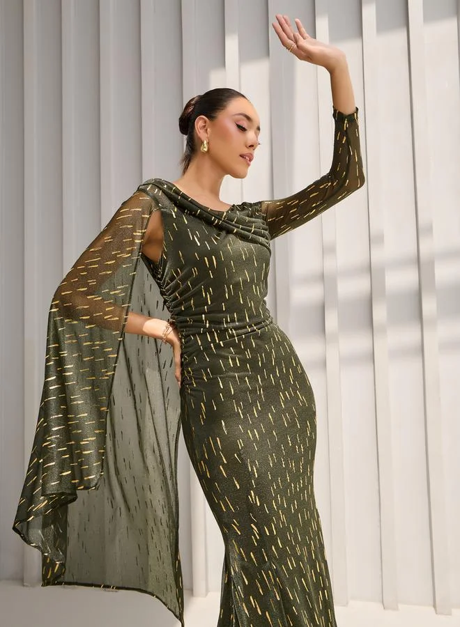 Styli Self Design One Shoulder Cape Maxi Dress
