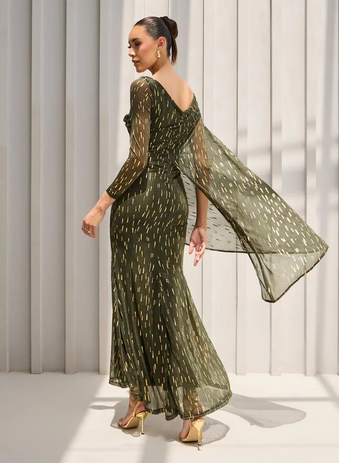 Styli Self Design One Shoulder Cape Maxi Dress