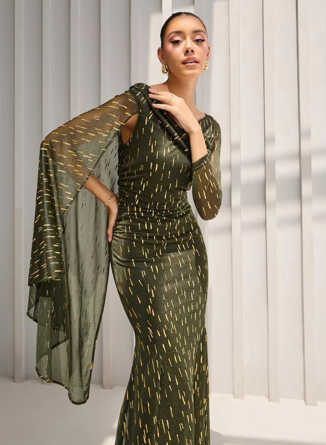 Styli Self Design One Shoulder Cape Maxi Dress