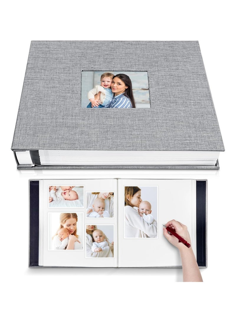 Large Photo Album Scrapbook with Window Linen Self Adhesive Scrap Book Wedding Anniversary Birthday Valentines Day 28cm x 27cm Vintage Blank Pages Memory Book (Gray) - Image 1