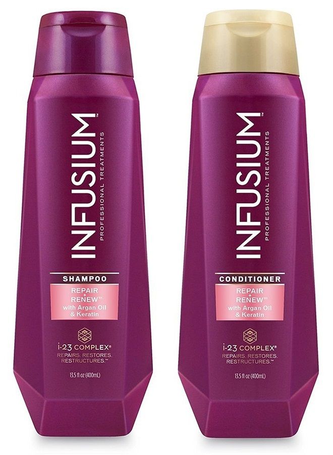 Infusium علاجات احترافية للعناية بالشعر - إصلاح وتجديد مع زيت الأركان والكيراتين - مجموعة شامبو وبلسم - الوزن الصافي 13.5 أونصة سائلة (400 مل) لكل زجاجة - مجموعة واحدة - Image 1