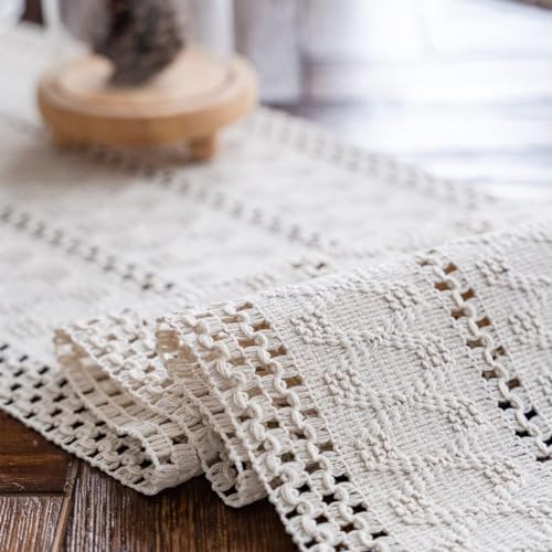 Alynsehom Macrame Table Runner Cream Beige Boho Table Runners with Tassels Hand Woven Cotton Table Runner Rustic Farmhouse Table Runners for Bohemian Kitchen Dining Table(12x48in) - Image 5
