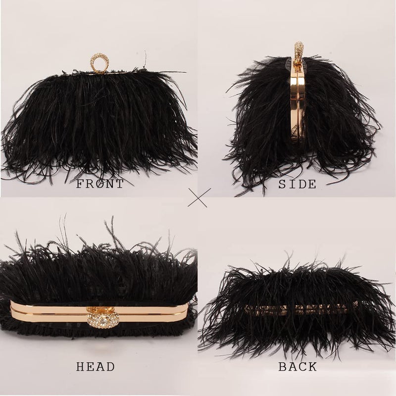 Menurra Women Real Natural Ostrich Feather Evening Bags Purses Clutch Vintage Banquet Handbag (black) - Image 5