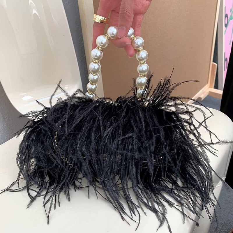 Menurra Women Real Natural Ostrich Feather Evening Bags Purses Clutch Vintage Banquet Handbag (black) - Image 4