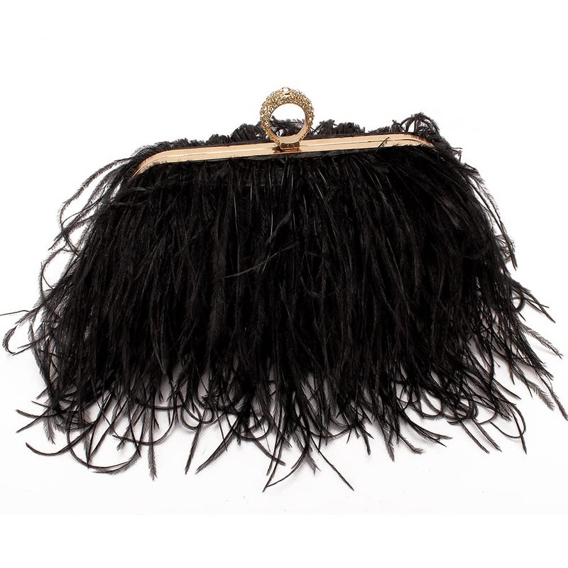 Menurra Women Real Natural Ostrich Feather Evening Bags Purses Clutch Vintage Banquet Handbag (black) - Image 1