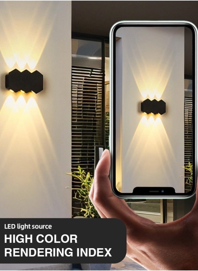 مودي قطعتان من مصابيح الحائط LED بتصميم خلية النحل | شمعدان حائطي مزخرف للأعلى والأسفل | مصباح حائط داخلي وخارجي | تصميم عصري أسود أو أبيض للسياج، والفناء، والجدران الخارجية/الداخلية (6 * 2 واط - أسود - أبيض دافئ - 1100 لومن) - Image 5