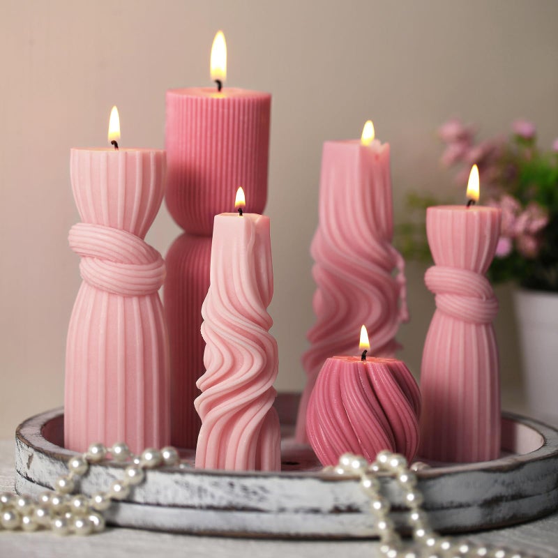 Threlaco 6 Pcs Pink Pillar Candles Decorative Modern Aesthetic Ribbed Candle Set Cute Soy Wax Scented Ribbed Decor Valentine's Commemorative Gift for Home Decoration(2.36-6.69 Inch) - Image 1