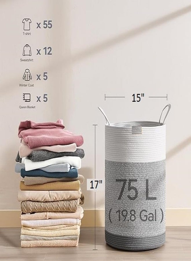 GRATIFY Woven Laundry Basket Hamper, 15 D x 17 H Inches Tall Cotton Rope, Large Clothes Organizer for Bedroom, Baby Nursery, Kids - Mix Grey - Image 4