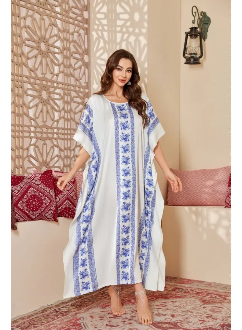Closme Premium Soft Fabric Abaya – Blue White Porcelain Print Oversized Maxi Kaftan Dress - Image 1