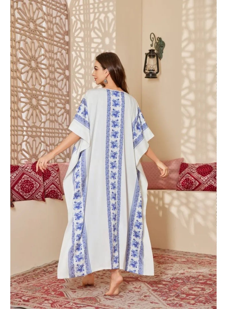 Closme Premium Soft Fabric Abaya – Blue White Porcelain Print Oversized Maxi Kaftan Dress - Image 2