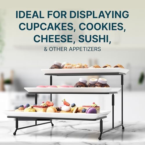Gibson Elite Gracious Dining 3-Tier Serving Display Stand, Rectangular White Porcelain Plates, Tiered Serving Display - Elegant Food Presentation Display for Parties, Catering, Entertaining Events - Image 3