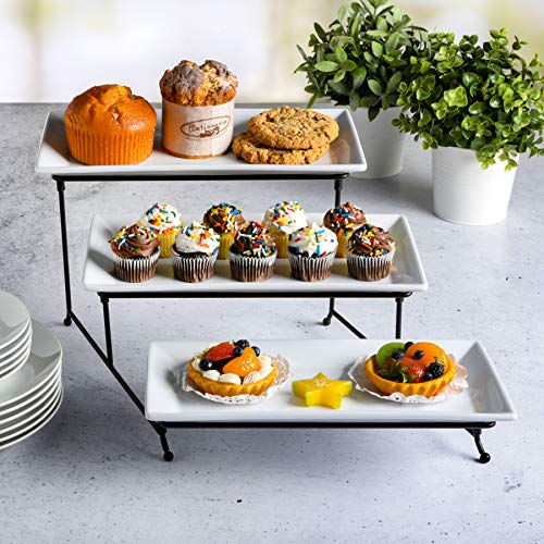 Gibson Elite Gracious Dining 3-Tier Serving Display Stand, Rectangular White Porcelain Plates, Tiered Serving Display - Elegant Food Presentation Display for Parties, Catering, Entertaining Events - Image 2