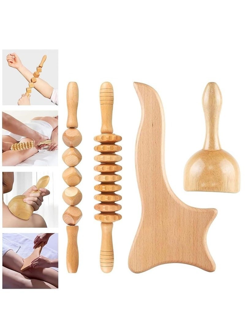 Arabest مجموعة أدوات تدليك الخشب 4 قطع - أدوات ميدروثيرابيا - مدلك خشبي - أسطوانة غوا شا خشبية - تدليك يدوي للعضلات لتخفيف السيلوليت والألم ونحت الجسم - Image 1