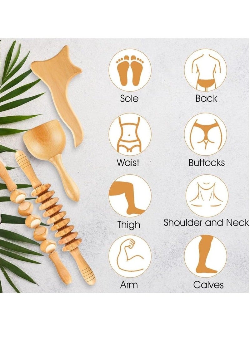 Arabest مجموعة أدوات تدليك الخشب 4 قطع - أدوات ميدروثيرابيا - مدلك خشبي - أسطوانة غوا شا خشبية - تدليك يدوي للعضلات لتخفيف السيلوليت والألم ونحت الجسم - Image 4