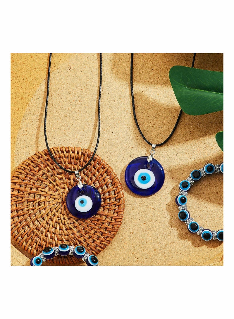KASTWAVE 4 Pieces Eye Necklace with Eye Bracelet Set Blue Eye Bead Hand Stretch Bracelet and Glass Eye Faux Leather Rope Chain Necklace for Women and Men - Image 5