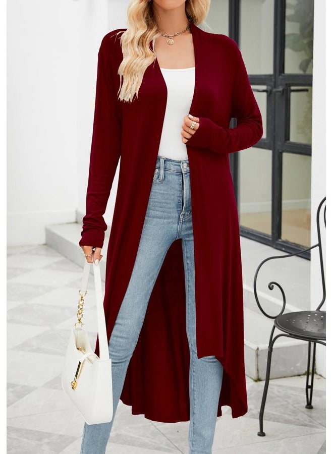 POGTMM Women's Long Open Front Drape Lightweight Maix Long Sleeve Cardigan Sweater (US M(8-10), Wine Red) - Image 2