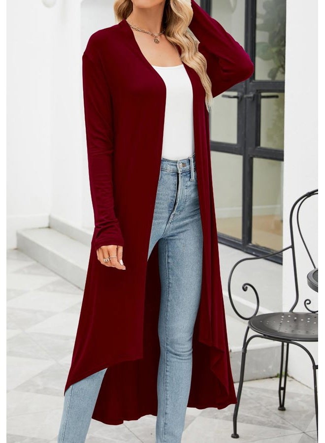POGTMM Women's Long Open Front Drape Lightweight Maix Long Sleeve Cardigan Sweater (US M(8-10), Wine Red) - Image 3