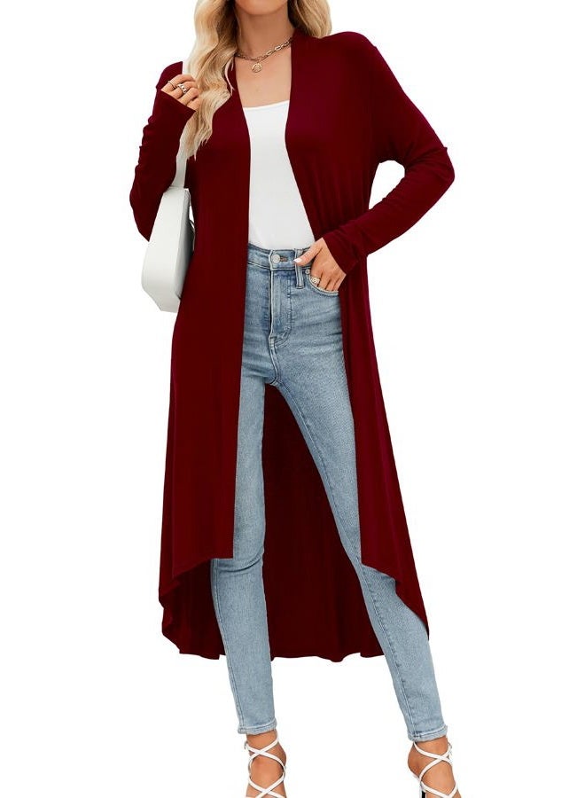 POGTMM Women's Long Open Front Drape Lightweight Maix Long Sleeve Cardigan Sweater (US M(8-10), Wine Red) - Image 1