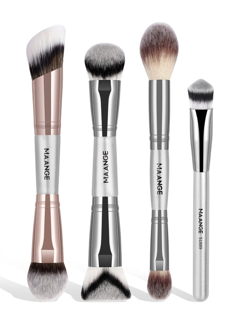 MAANGE فرشاة مكياج الأساس، فرش مكياج مزدوجة الطرف، لتطبيق السائل أو البودرة، أحمر الخدود، كريم، برايمر، لتحديد ودمج الأساس فرشاة أحمر الخدود (فضي/ذهبي، 4 قطع) - Image 1