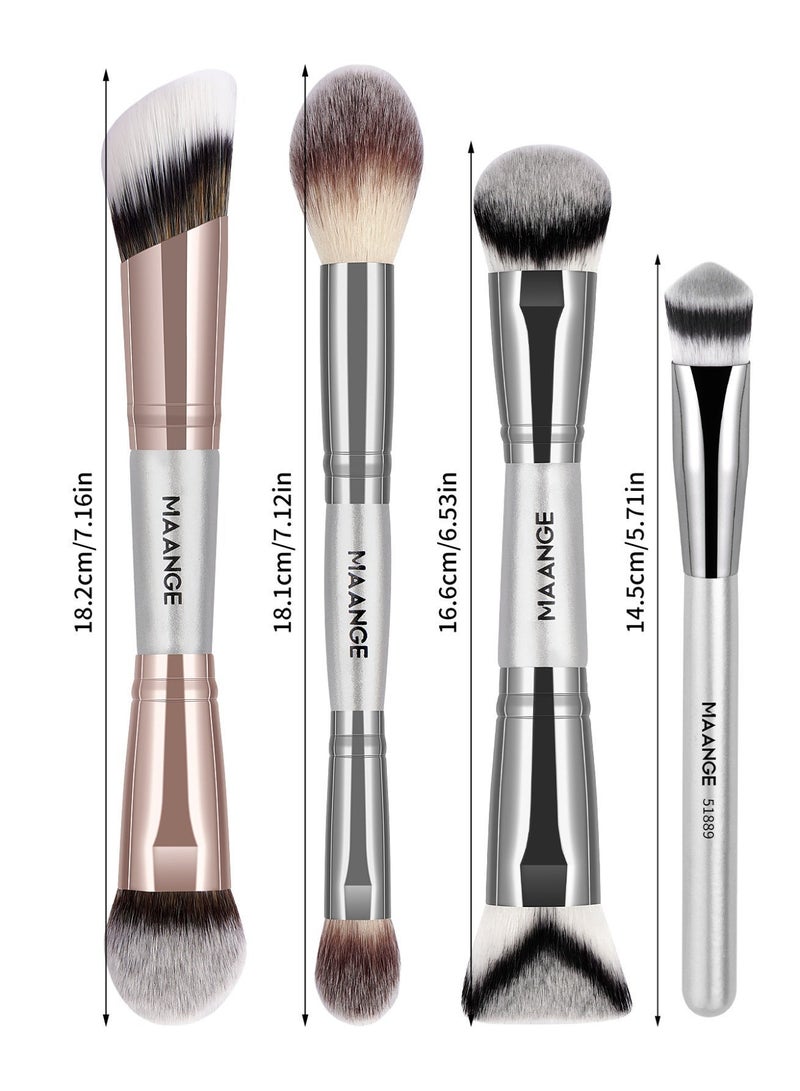 MAANGE فرشاة مكياج الأساس، فرش مكياج مزدوجة الطرف، لتطبيق السائل أو البودرة، أحمر الخدود، كريم، برايمر، لتحديد ودمج الأساس فرشاة أحمر الخدود (فضي/ذهبي، 4 قطع) - Image 2