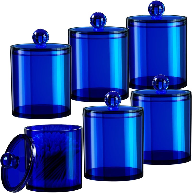 SheeChung 6 Pack Qtip Dispenser Apothecary Jars Bathroom with Labels - Qtip Holder Storage Canister Clear Plastic Acrylic Jar for Cotton Ball,Cotton Swab,Cotton Rounds,Floss Picks, Hair Clips (Blue) - Image 1