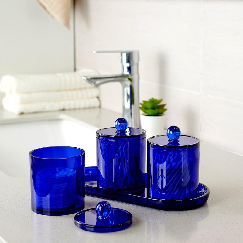 SheeChung 6 Pack Qtip Dispenser Apothecary Jars Bathroom with Labels - Qtip Holder Storage Canister Clear Plastic Acrylic Jar for Cotton Ball,Cotton Swab,Cotton Rounds,Floss Picks, Hair Clips (Blue) - Image 4