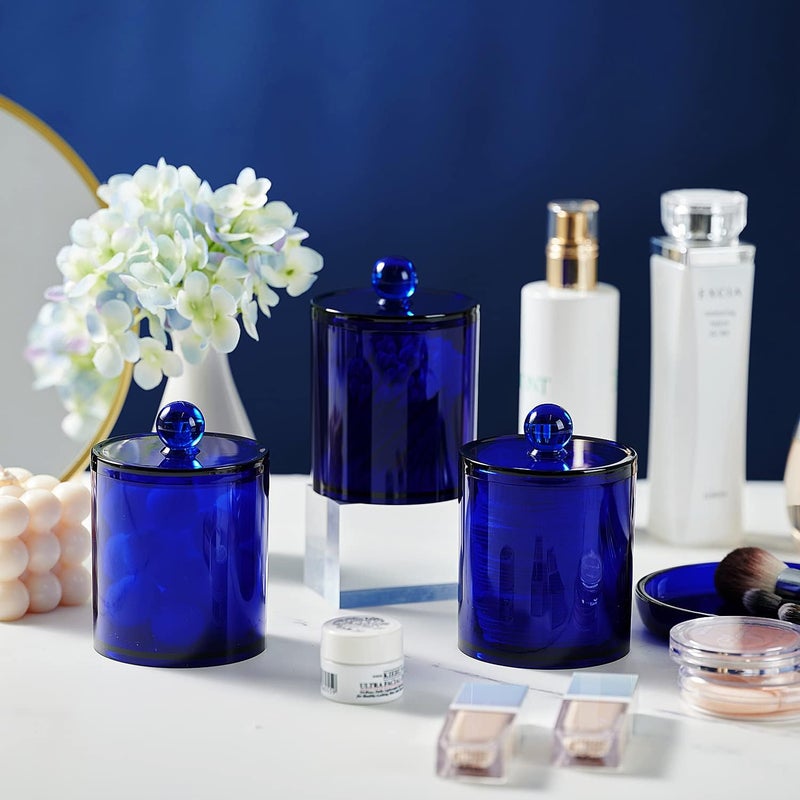 SheeChung 6 Pack Qtip Dispenser Apothecary Jars Bathroom with Labels - Qtip Holder Storage Canister Clear Plastic Acrylic Jar for Cotton Ball,Cotton Swab,Cotton Rounds,Floss Picks, Hair Clips (Blue) - Image 3