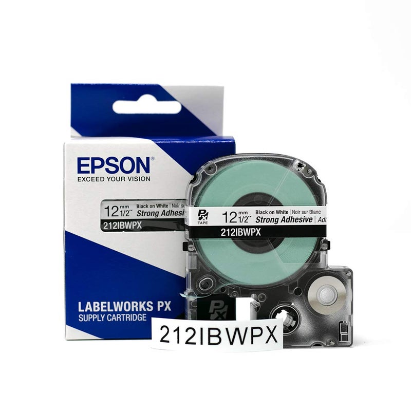 LABELWORKS Epson 212IBWPX Genuine PET (Polyester) Tape Cartridge - Black on White Strong Adhesive Standard Industrial Label Maker Tape - 1/2" (12MM) Wide, 30 ft - Image 1