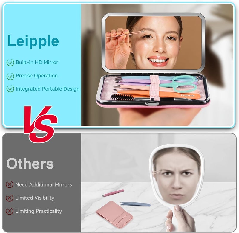 Leipple Tweezers for Women Facial Hair - Precision Tweezers Set with Travel Case - Stainless Steel with Scissor, Mirror (Pink) - Image 3