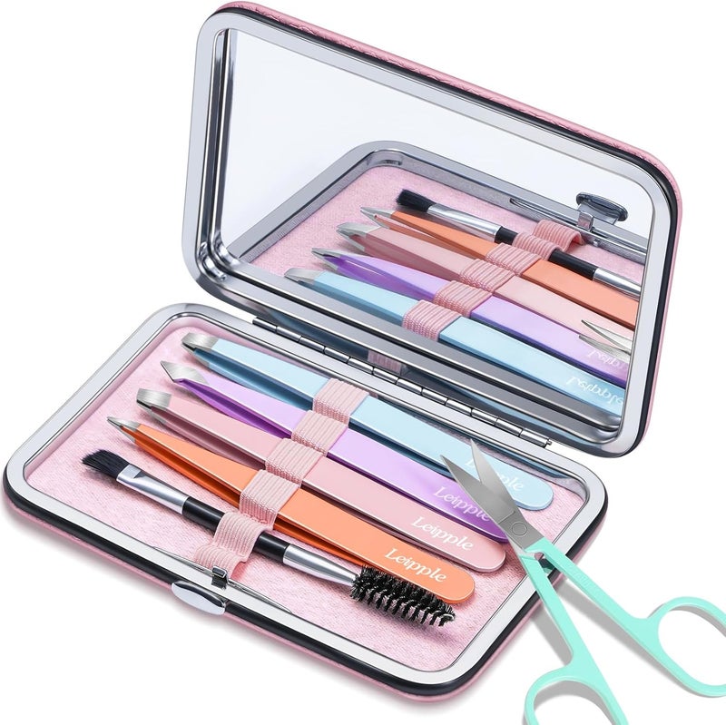 Leipple Tweezers for Women Facial Hair - Precision Tweezers Set with Travel Case - Stainless Steel with Scissor, Mirror (Pink) - Image 1