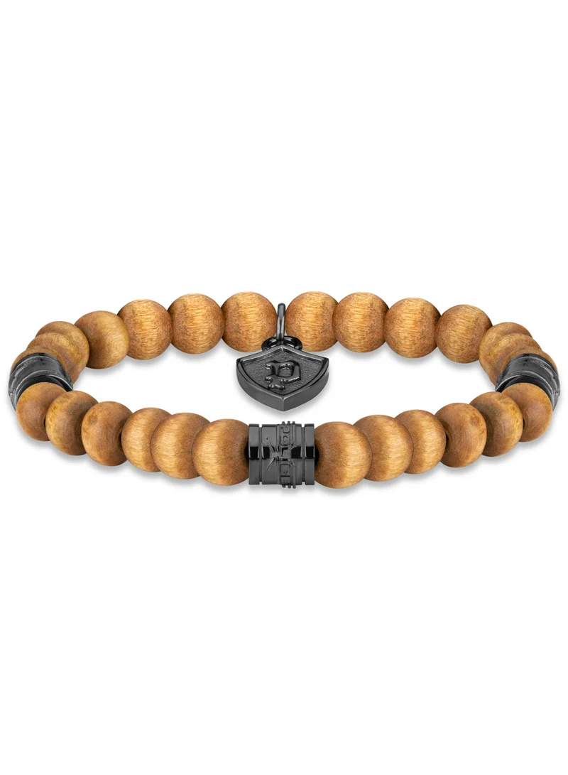 POLICE Talisman Mens Gunmetal Brownwood Beaded Bracelet With P Crest – Small 180mm