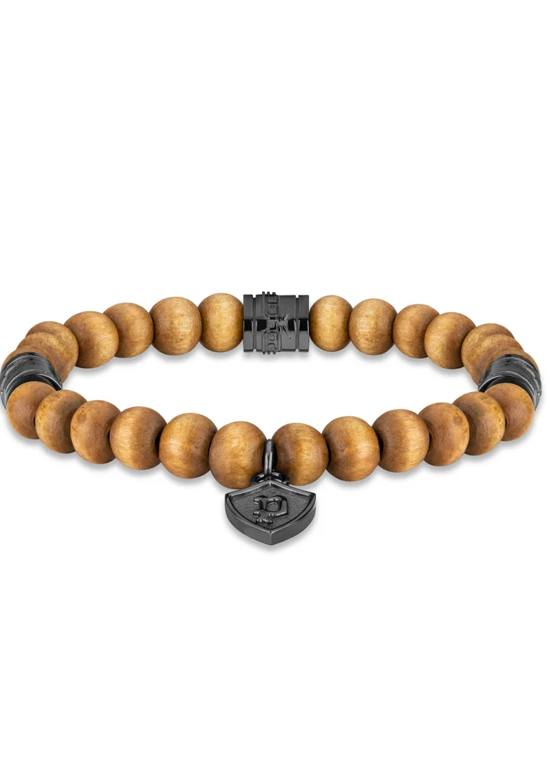 POLICE Talisman Mens Gunmetal Brownwood Beaded Bracelet With P Crest – Small 180mm