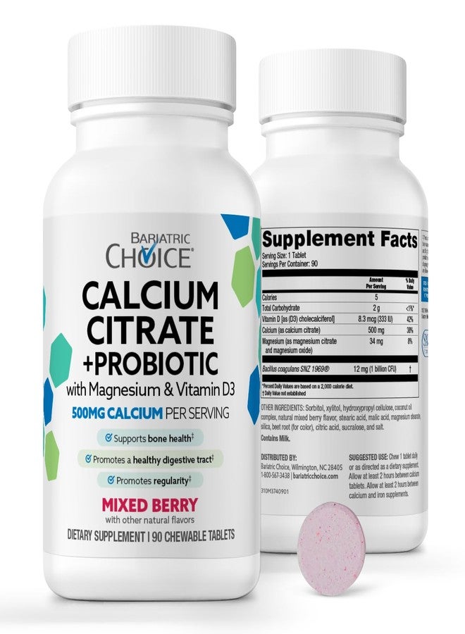 Bariatric Choice Chewable Calcium Citrate 500mg with Vitamin D3, Magnesium & Probiotics for Bariatric Surgery Patients Including Gastric Bypass & Sleeve Gastrectomy, Sugar-Free -Berry Flavor, 90 Count - Image 1