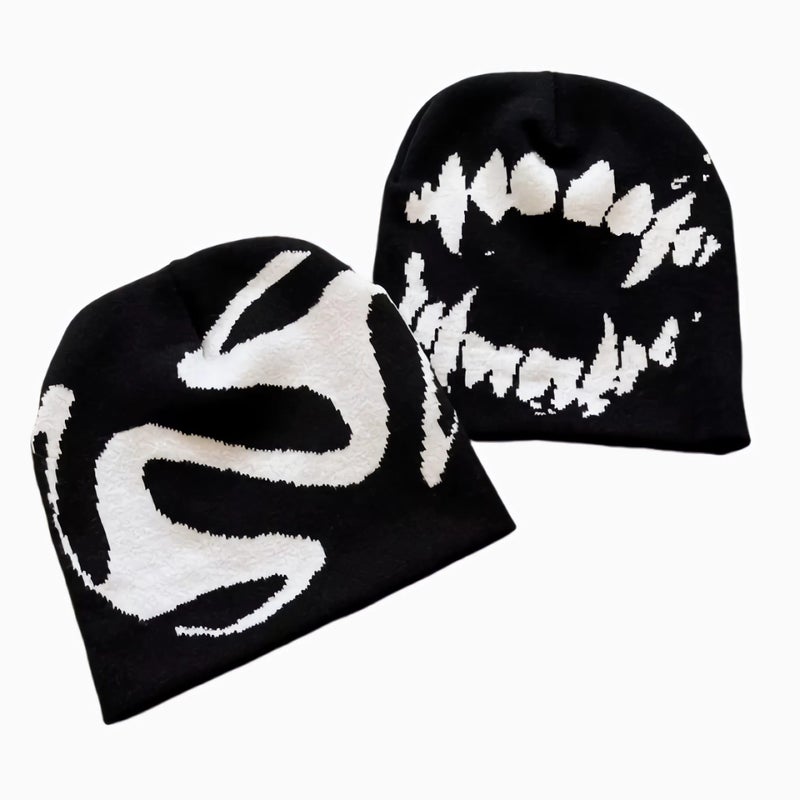 Winatehr Black Graphic Beanie for Men Women, Streetwear y2k Knitted Hat, Slouchy Goth Skull Cap (2 pcs) - Image 1
