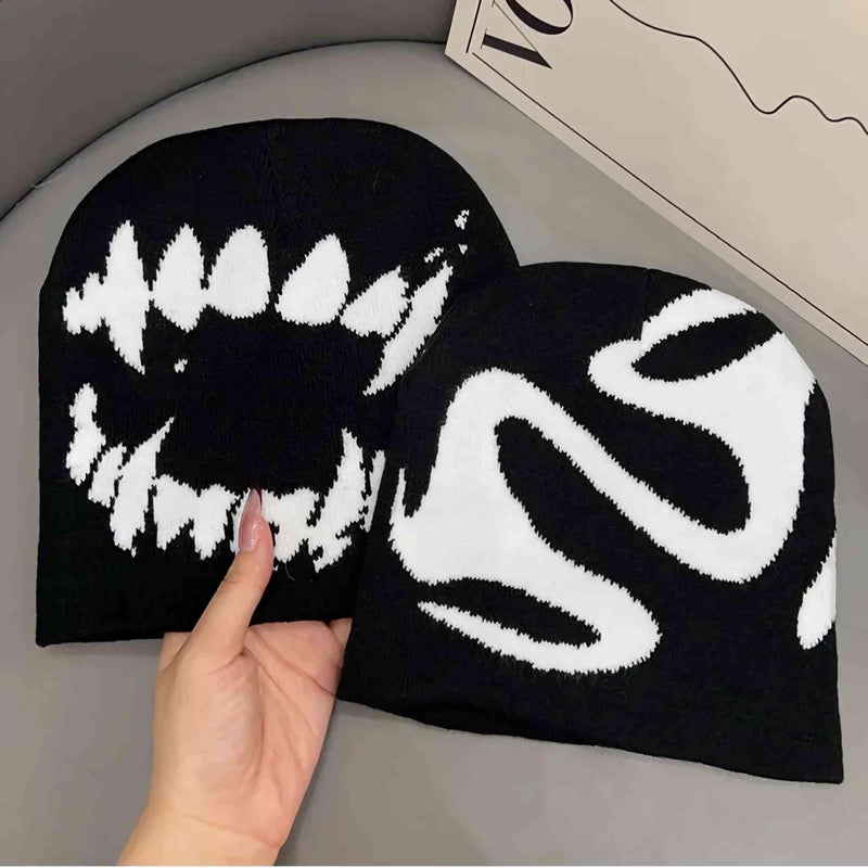 Winatehr Black Graphic Beanie for Men Women, Streetwear y2k Knitted Hat, Slouchy Goth Skull Cap (2 pcs) - Image 4