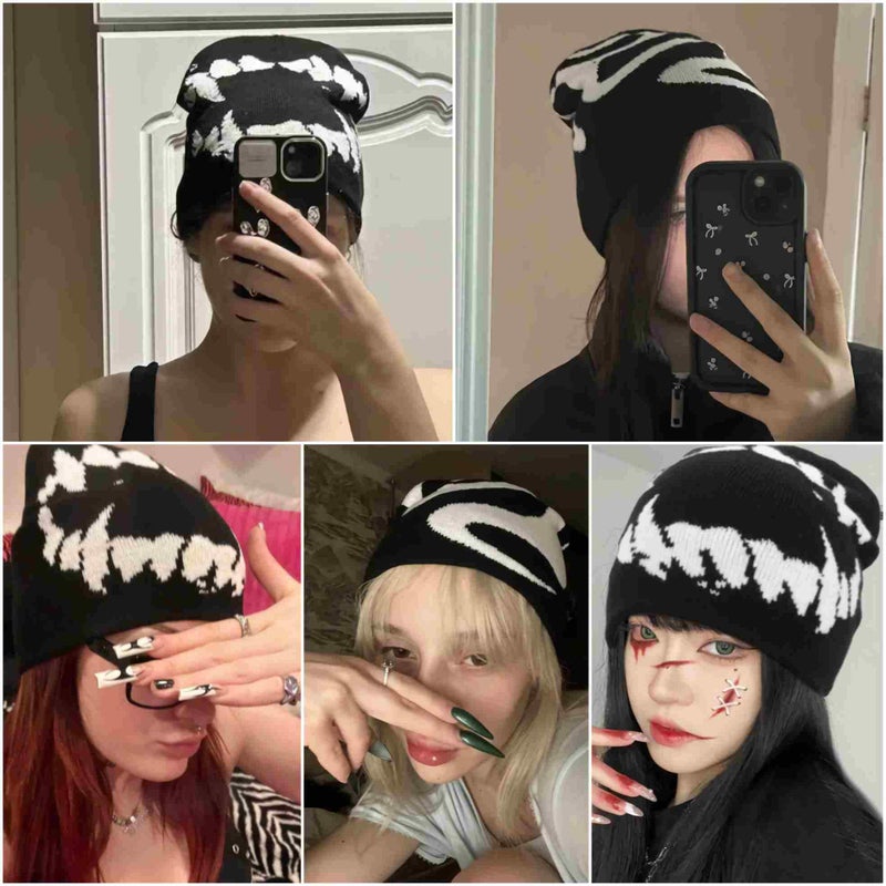 Winatehr Black Graphic Beanie for Men Women, Streetwear y2k Knitted Hat, Slouchy Goth Skull Cap (2 pcs) - Image 2
