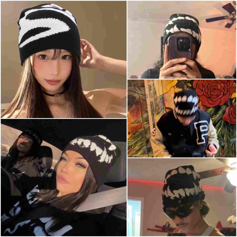 Winatehr Black Graphic Beanie for Men Women, Streetwear y2k Knitted Hat, Slouchy Goth Skull Cap (2 pcs) - Image 3